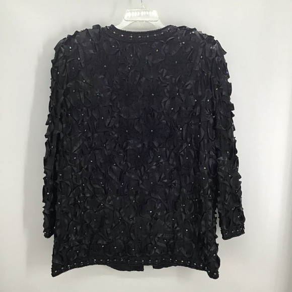 Tan Chho Vintage Beaded Sequined Silk Jacket Ribboned Detail Party Blk Size 2X - Picture 6 of 6